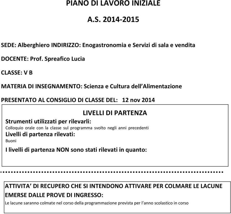 utilizzati per rilevarli: Colloquio orale con la classe sul programma svolto negli anni precedenti Livelli di partenza rilevati: Buoni I livelli di partenza NON sono stati