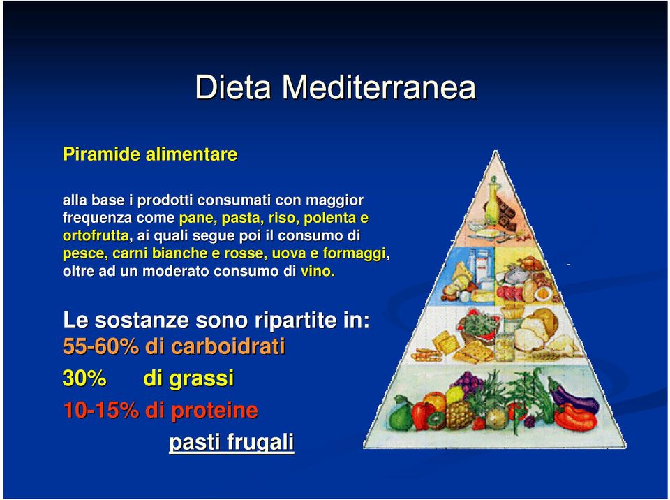 pesce, carni bianche e rosse, uova e formaggi, oltre ad un moderato consumo di vino.