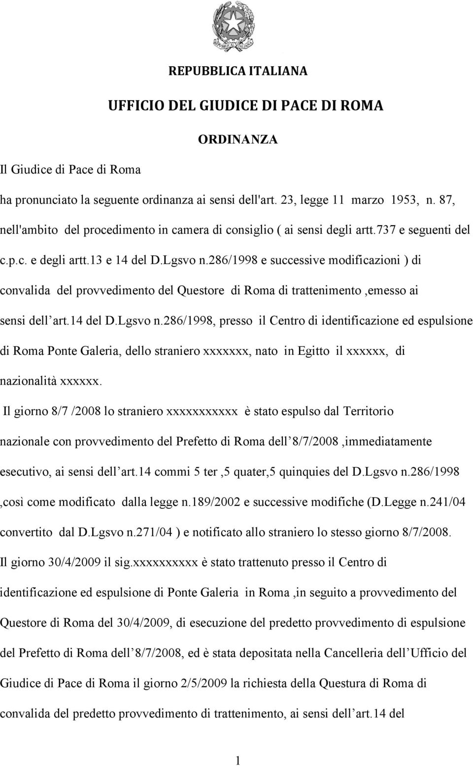 286/1998 e successive modificazioni ) di convalida del provvedimento del Questore di Roma di trattenimento,emesso ai sensi dell art.14 del D.Lgsvo n.