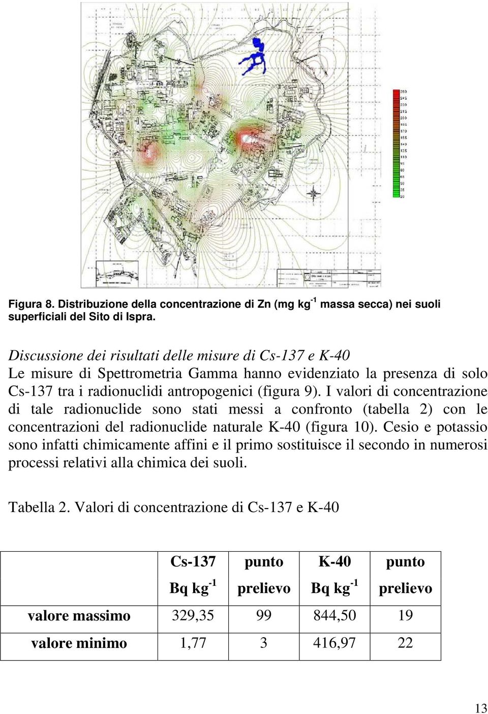 I valori di concentrazione di tale radionuclide sono stati messi a confronto (tabella 2) con le concentrazioni del radionuclide naturale K-40 (figura 10).