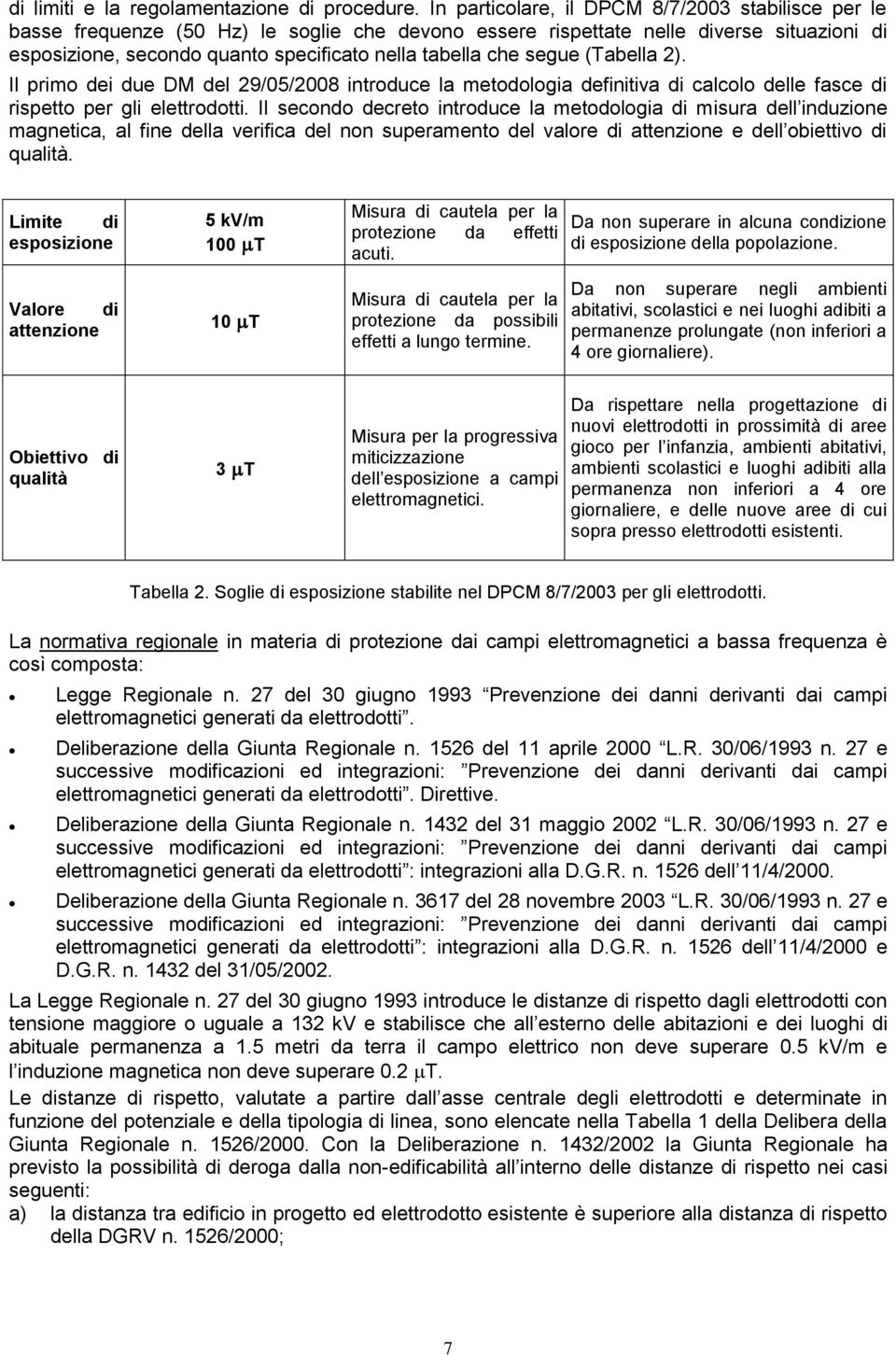 segue (Tabella 2). Il primo dei due DM del 29/05/2008 introduce la metodologia definitiva di calcolo delle fasce di rispetto per gli elettrodotti.