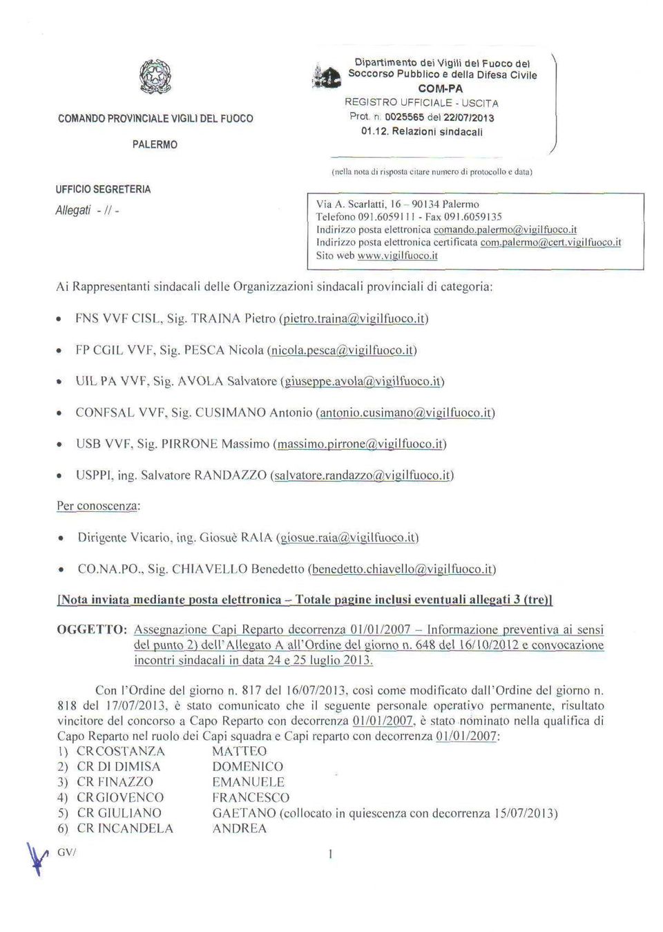 6059135 Indirizzo posta elettronica cqmando.palermo@vitiilfuoco.it Indirizzo posta elettronica certificata com.palermo@cert.vigilfuoeo.it Silo web www.vigi.lfuoco.it Ai Rappresentanti sindacali delle Organizzazioni sindacali provinciali di categoria: FNS VVF CISL, Sig.