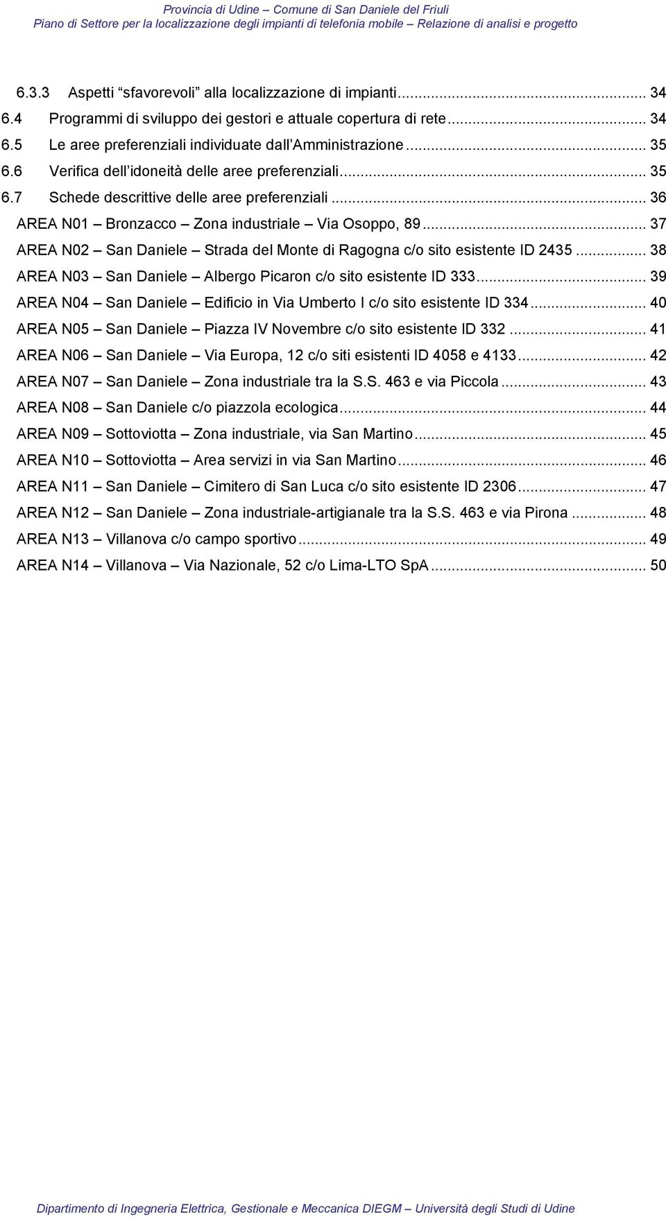 .. 37 AREA N02 San Daniele Strada del Monte di Ragogna c/o sito esistente ID 2435... 38 AREA N03 San Daniele Albergo Picaron c/o sito esistente ID 333.