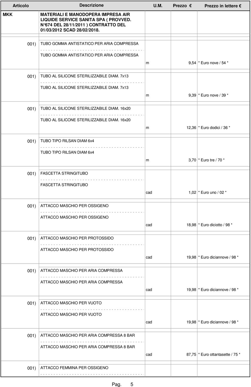 16x20 m 12,36 * Euro dodici / 36 * TUBO TIPO RILSAN DIAM 6x4 TUBO TIPO RILSAN DIAM 6x4 m 3,70 * Euro tre / 70 * FASCETTA STRINGITUBO FASCETTA STRINGITUBO 1,02 * Euro uno / 02 * ATTACCO MASCHIO PER