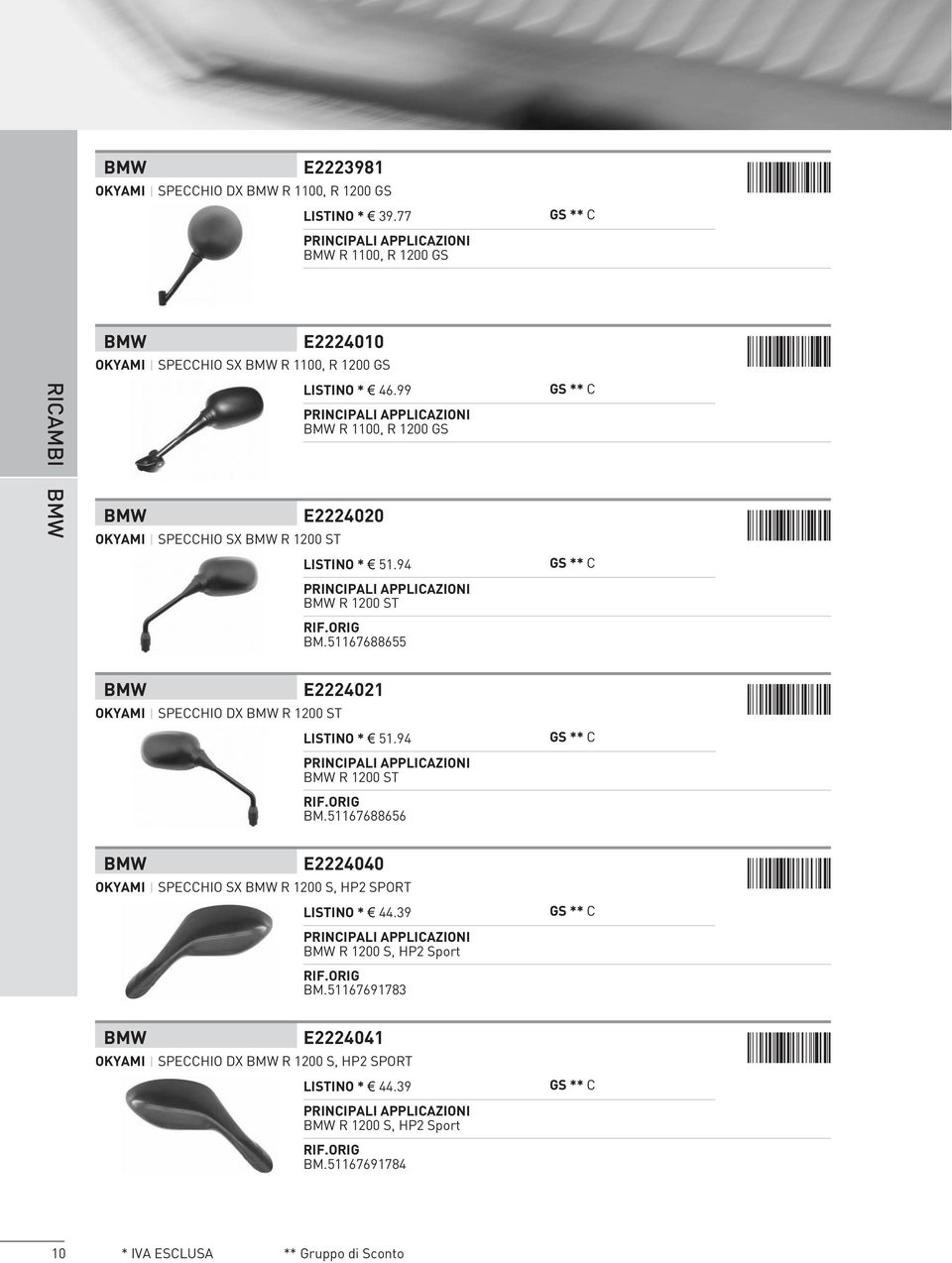 99 BMW E2224020 OKYAMI SPECCHIO SX BMW R 1200 ST BMW R 1100, R 1200 GS LISTINO * 51.94 BMW R 1200 ST BM.