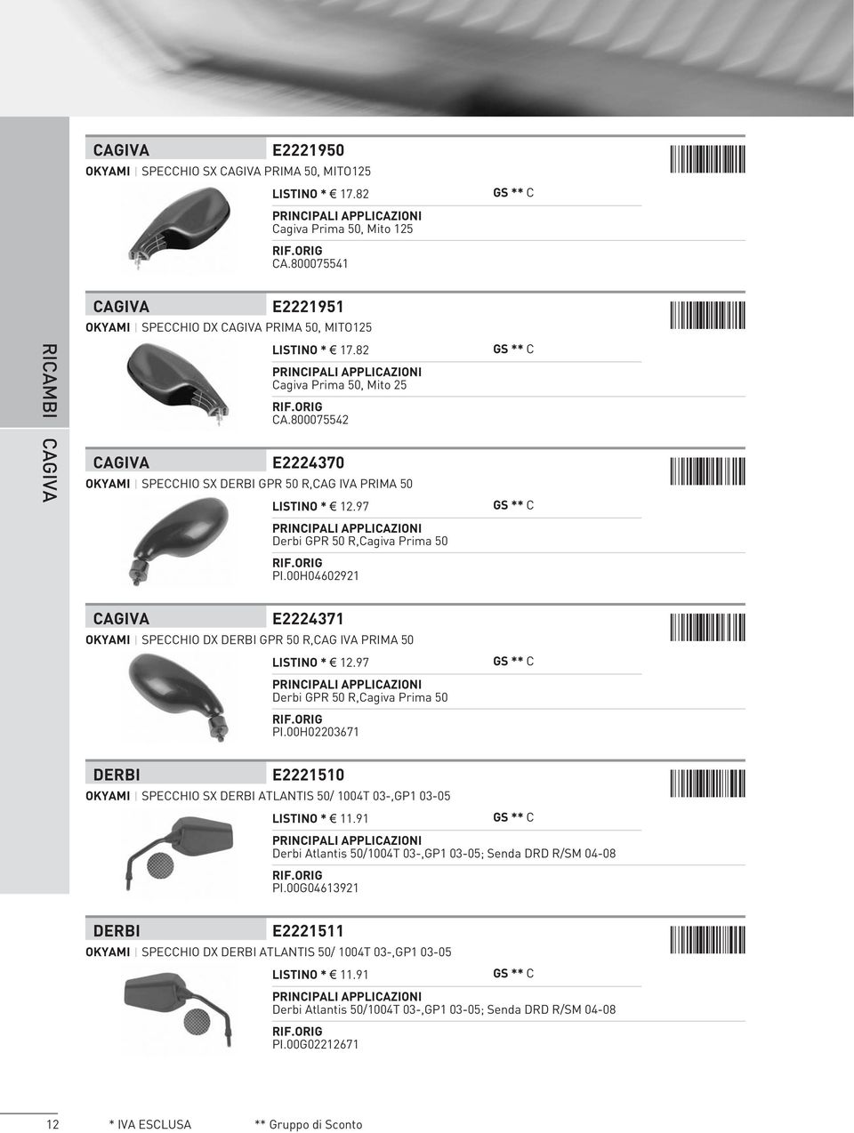 800075542 OKYAMI SPECCHIO SX DERBI GPR 50 R,CAG IVA PRIMA 50 LISTINO * 12.97 Derbi GPR 50 R,Cagiva Prima 50 PI.