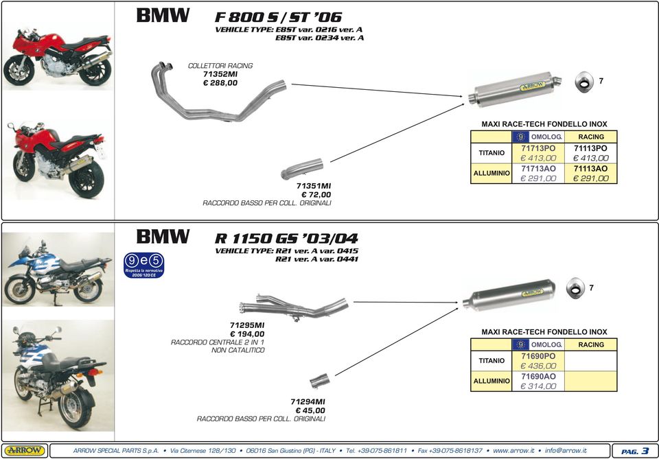 ORIGINALI 7171PO 7111PO 41,00 41,00 7171AO 7111AO 21,00 21,00 BMW 5 Risptta la normativa R 1150 GS 0/04 VEHICLE TYPE: R21 vr. A var.