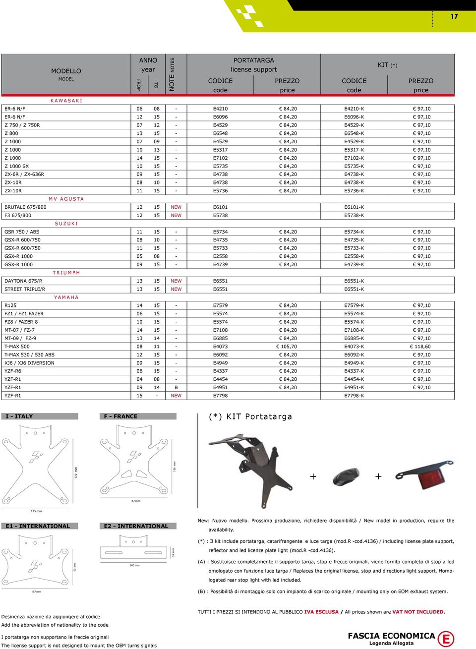 97,10 Z 1000 SX 10 15 - E5735 84,20 E5735-K 97,10 ZX-6R / ZX-636R 09 15 - E4738 84,20 E4738-K 97,10 ZX-10R 08 10 - E4738 84,20 E4738-K 97,10 ZX-10R 11 15 - E5736 84,20 E5736-K 97,10 MV AGUSTA BRUTALE