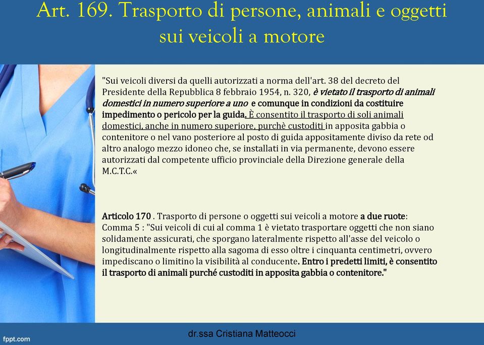 È consentito il trasporto di soli animali domestici, anche in numero superiore, purchè custoditi in apposita gabbia o contenitore o nel vano posteriore al posto di guida appositamente diviso da rete