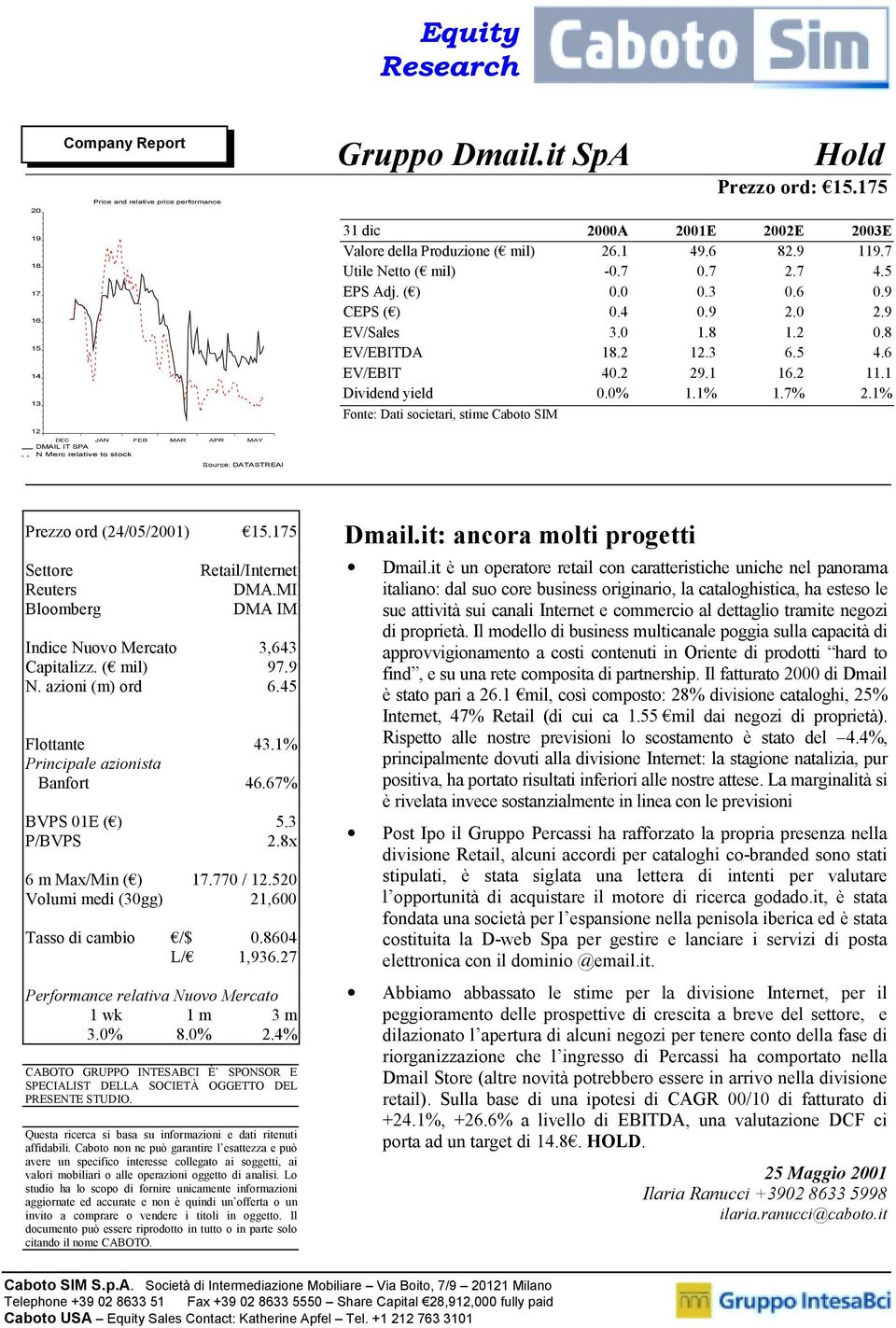 7% 2.1% Fonte: Dati societari, stime Caboto SIM DEC JAN FEB MAR APR MAY DMAIL IT SPA N Merc relative to stock Source: DATASTREAM Prezzo ord (24/05/2001) 15.