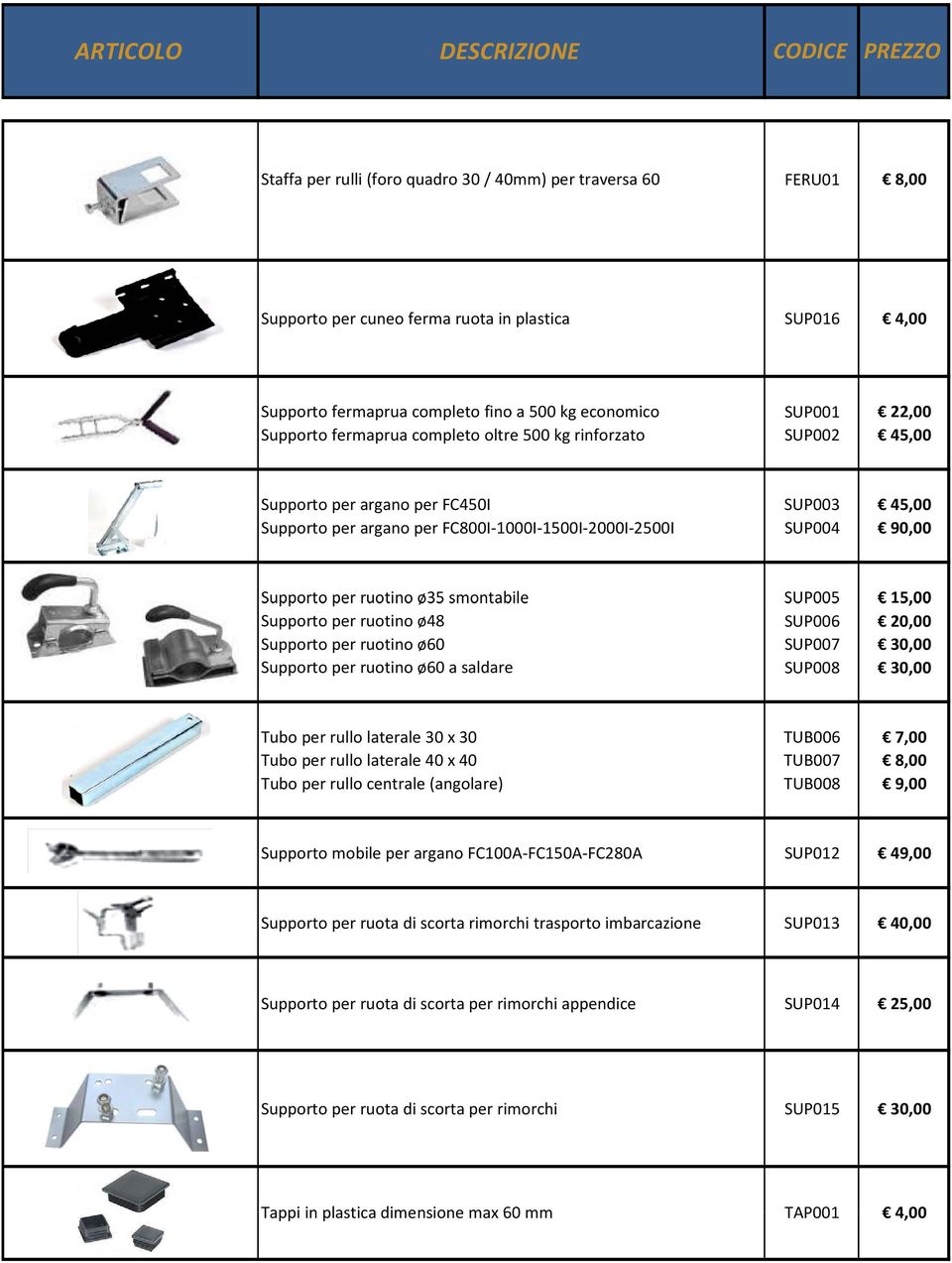 90,00 Supporto per ruotino ø35 smontabile SUP005 15,00 Supporto per ruotino ø48 SUP006 20,00 Supporto per ruotino ø60 SUP007 30,00 Supporto per ruotino ø60 a saldare SUP008 30,00 Tubo per rullo