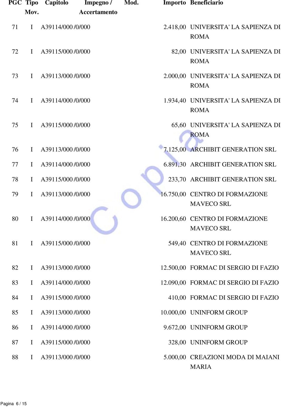 934,40 UNIVERSITA' LA SAPIENZA DI ROMA 75 I A39115/000 /0/000 65,60 UNIVERSITA' LA SAPIENZA DI ROMA 76 I A39113/000 /0/000 7.125,00 ARCHIBIT GENERATION SRL 77 I A39114/000 /0/000 6.