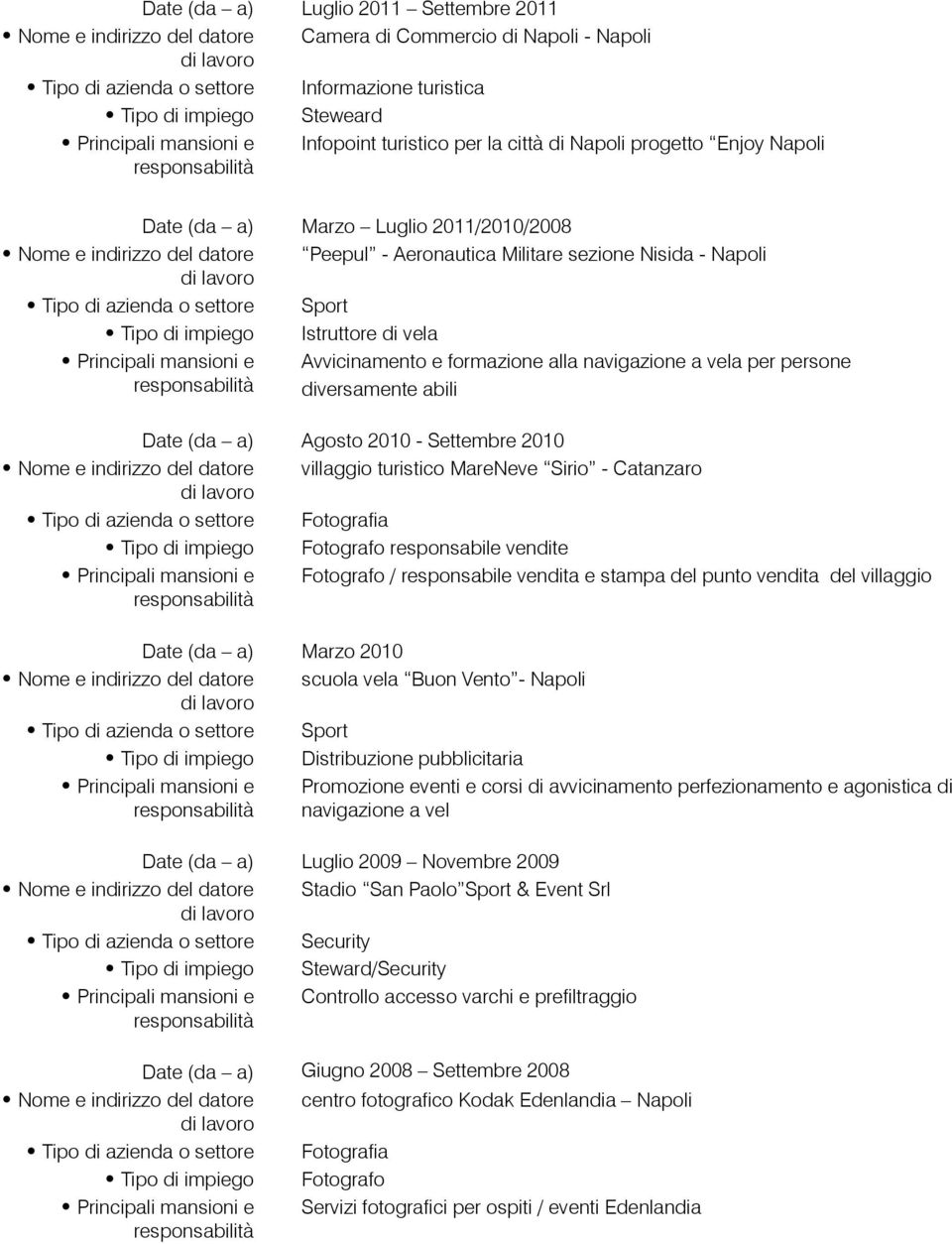 Tipo di impiego Istruttore di vela Avvicinamento e formazione alla navigazione a vela per persone diversamente abili Date (da a) Agosto 2010 - Settembre 2010 Nome e indirizzo del datore villaggio