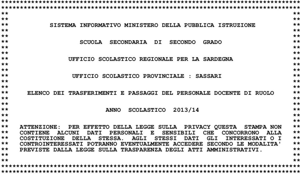 PROVINCIALE : SASSARI ** ** ** ** ** ** ELENCO DEI TRASFERIMENTI E PASSAGGI DEL PERSONALE DOCENTE DI RUOLO ** ** ** ** ** ** ANNO SCOLASTICO 2013/14 ** ** ** ** ** ** ATTENZIONE: PER EFFETTO DELLA