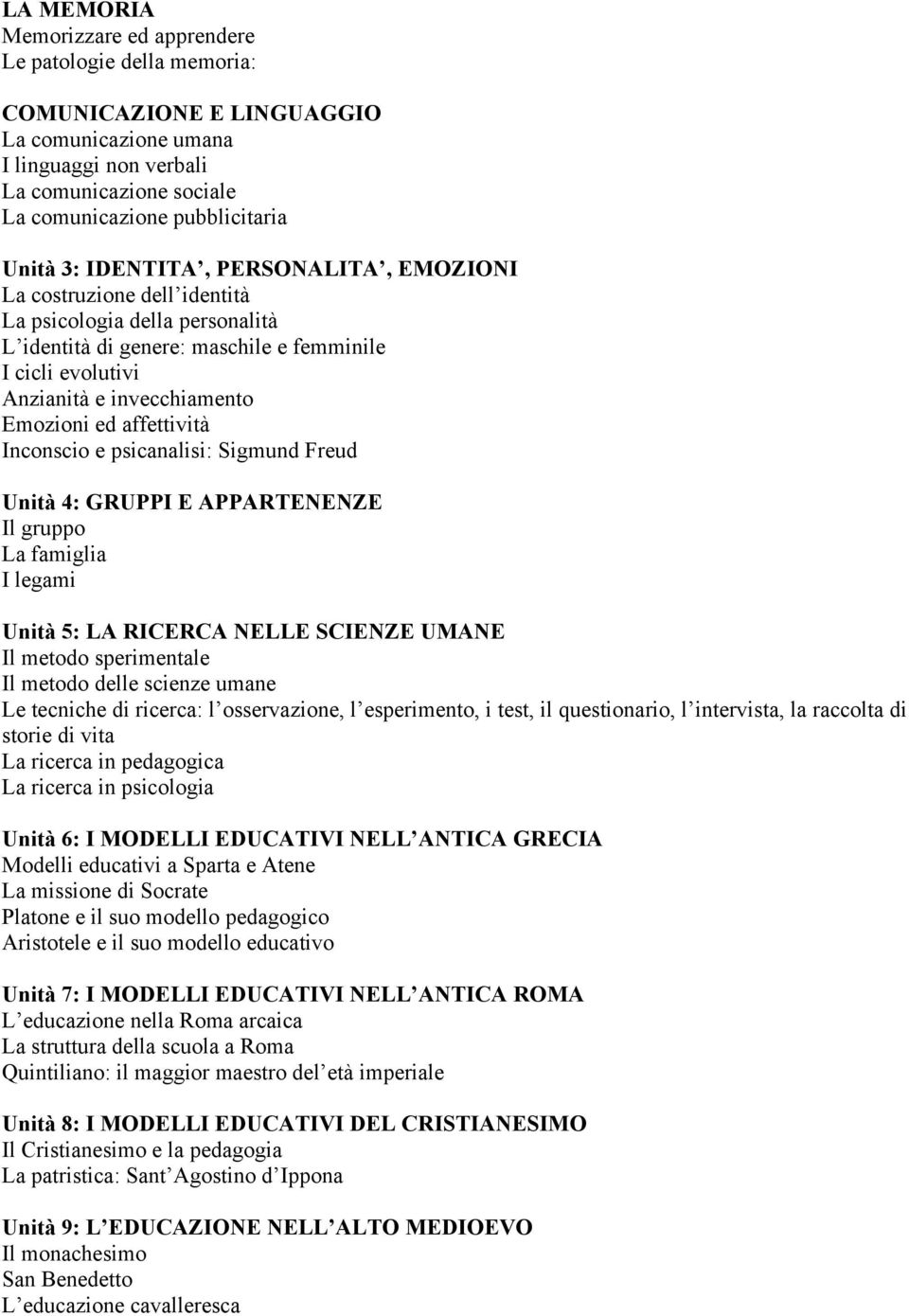 ed affettività Inconscio e psicanalisi: Sigmund Freud Unità 4: GRUPPI E APPARTENENZE Il gruppo La famiglia I legami Unità 5: LA RICERCA NELLE SCIENZE UMANE Il metodo sperimentale Il metodo delle