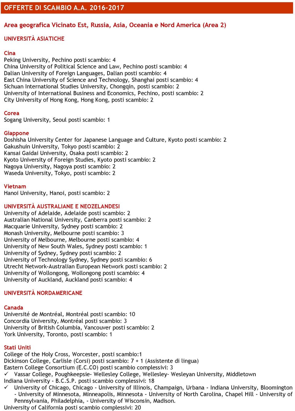 A. 2016-2017 Area geografica Vicinato Est, Russia, Asia, Oceania e Nord America (Area 2) UNIVERSITÀ ASIATICHE Cina Peking University, Pechino posti scambio: 4 China University of Political Science