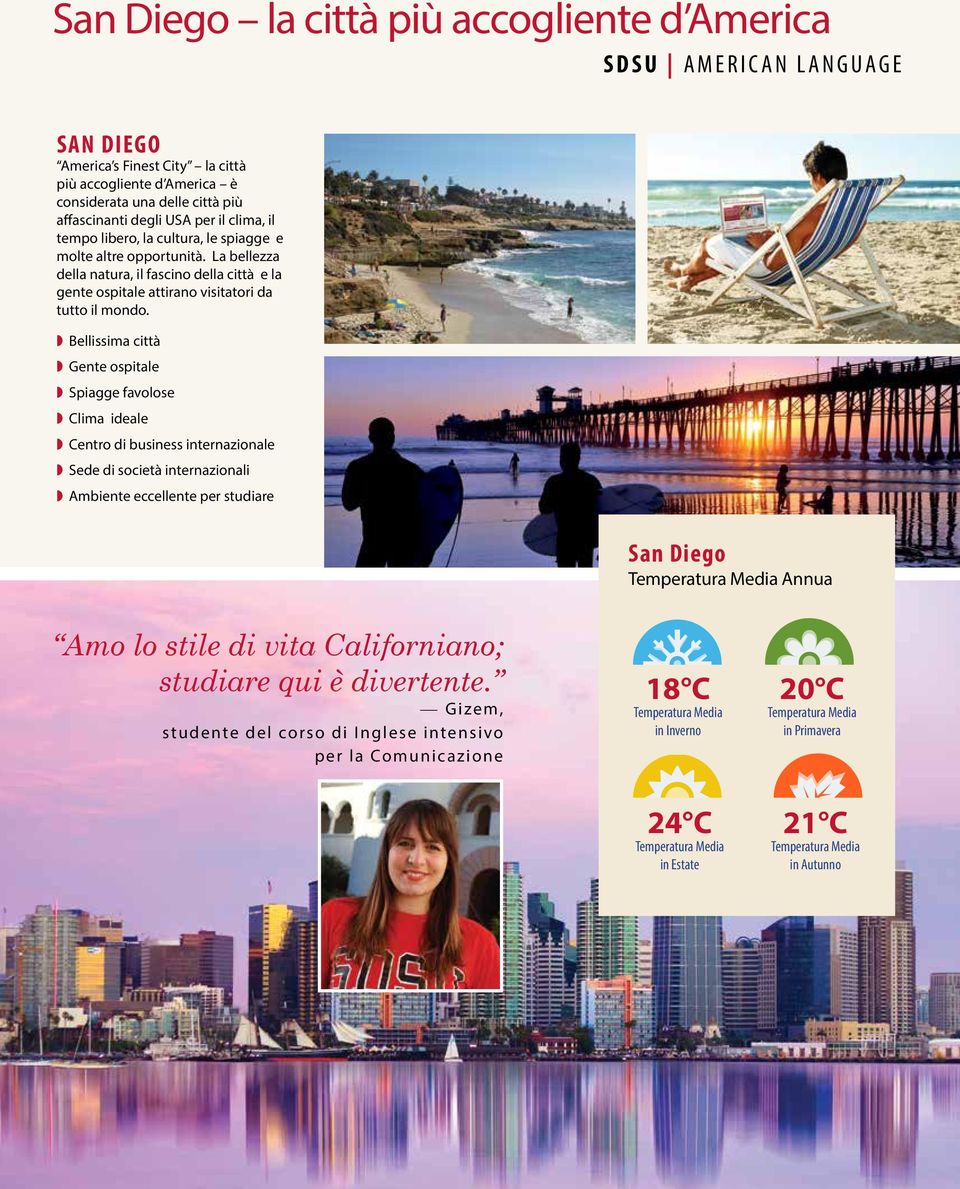 Bellissima città Gente ospitale Spiagge favolose Clima ideale Centro di business internazionale Sede di società internazionali Ambiente eccellente per studiare San Diego Temperatura Media Annua Amo