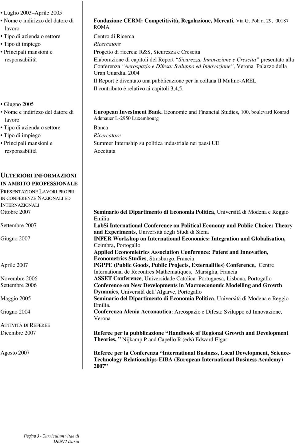 e Difesa: Sviluppo ed Innovazione, Verona Palazzo della Gran Guardia, 2004 Il Report è diventato una pubblicazione per la collana Il Mulino-AREL Il contributo è relativo ai capitoli 3,4,5.