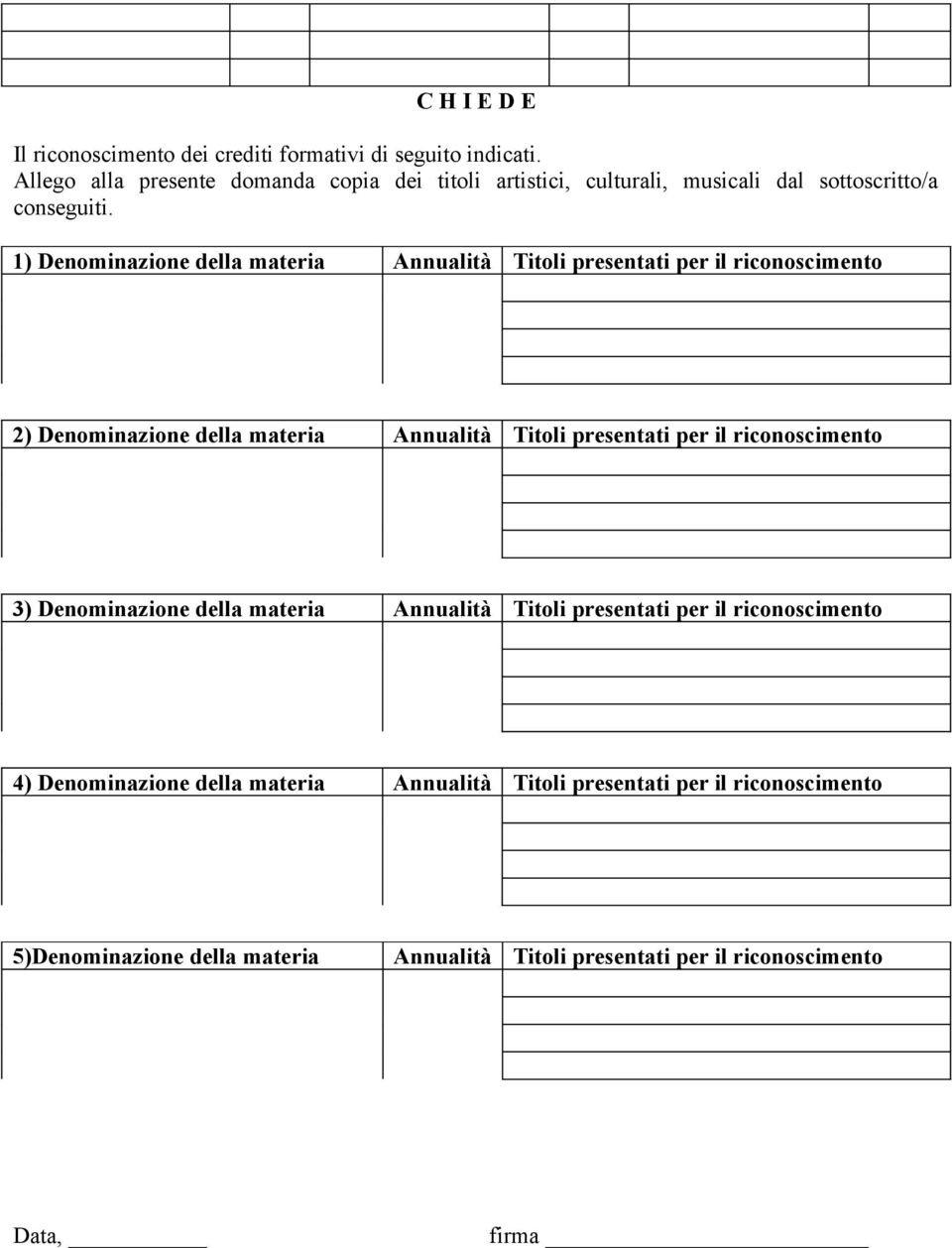 1) Denominazione della materia Annualità Titoli presentati per il riconoscimento 2) Denominazione della materia Annualità Titoli presentati per il