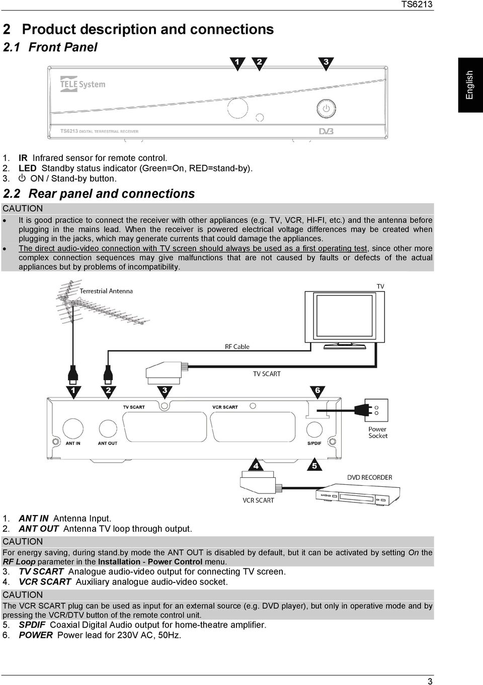 When the receiver is powered electrical voltage differences may be created when plugging in the jacks, which may generate currents that could damage the appliances.