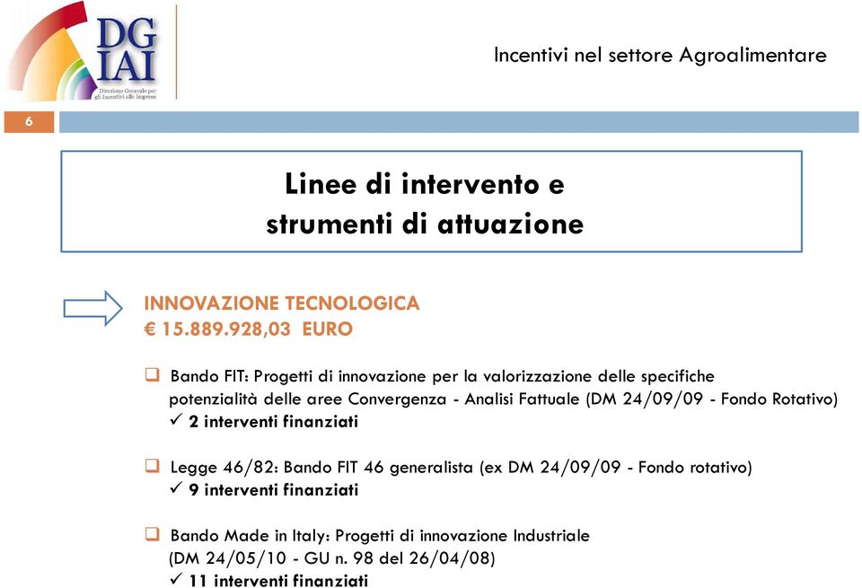 - Analisi Fattuale (DM 24/09/09 - Fondo Rotativo) 2 interventi finanziati Legge 46/82: Bando FIT 46 generalista (ex DM