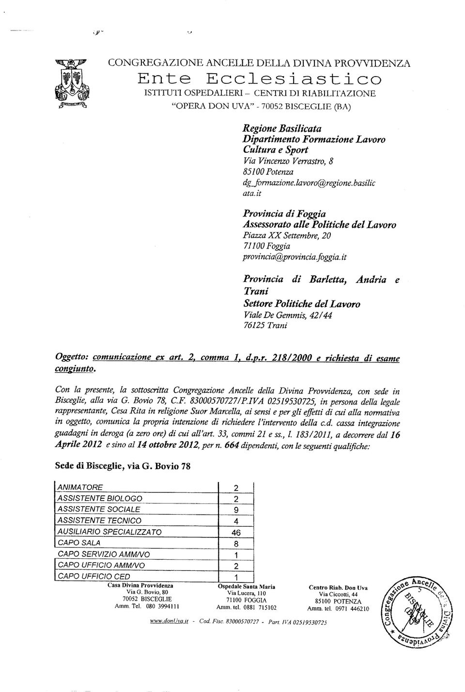 it Provincia di Barletta, Andria e Trani Settore Politiche del Lavoro Viale De Gemmis, / 765 Trani Oggetto: comunicazione ex ari., comma, d.p.r. 8/000 e richiesta di esame congiunto.