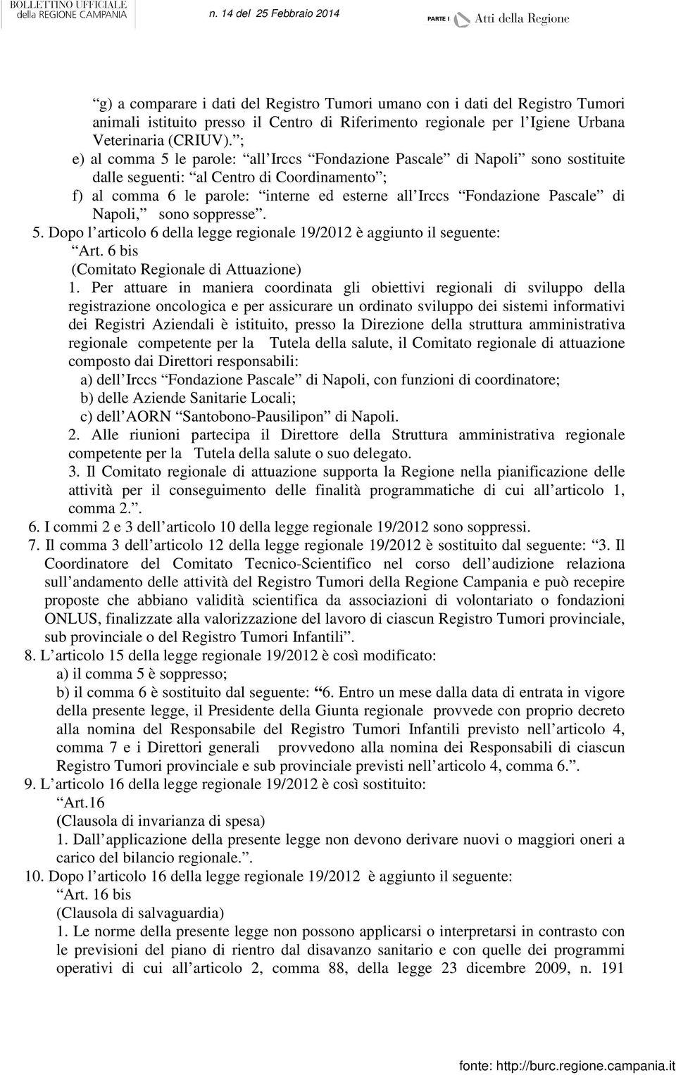 di Napoli, sono soppresse. 5. Dopo l articolo 6 della legge regionale 19/2012 è aggiunto il seguente: Art. 6 bis (Comitato Regionale di Attuazione) 1.