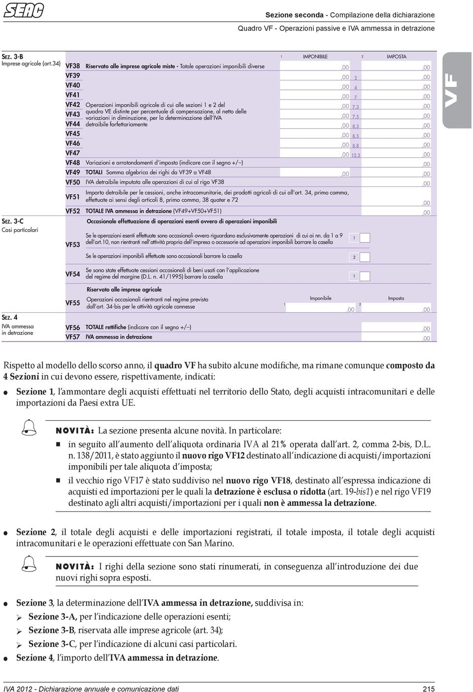 VE distinte per percentuale di compensazione, al netto delle VF variazioni in diminuzione, per la determinazione dell IVA,5 VF VF5 VF6 detraibile forfettariamente 8, 8,5 8,8 VF, VF8 VF9 Variazioni e