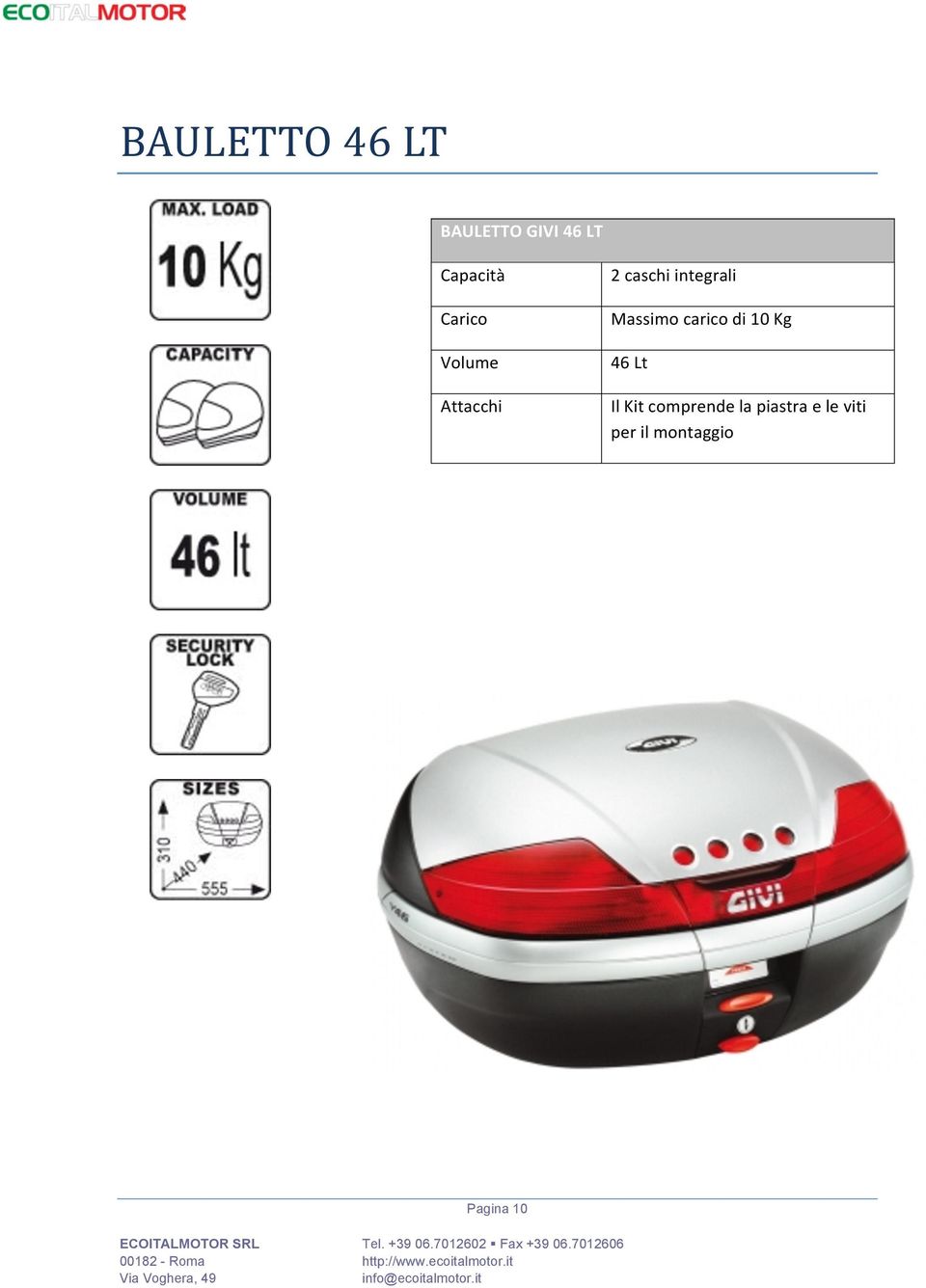 Massimo carico di 10 Kg 46 Lt Il Kit