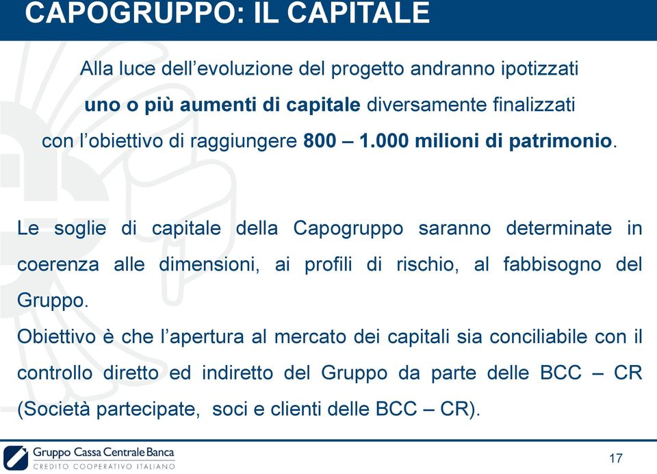 Le soglie di capitale della Capogruppo saranno determinate in coerenza alle dimensioni, ai profili di rischio, al fabbisogno del