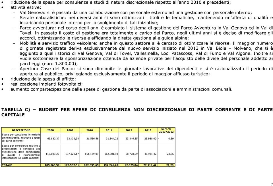 svolgimento di tali iniziative; Parco avventura: nel corso degli anni è cambiato il sistema di gestione del Parco Avventura in Val Genova ed in Val di Tovel.