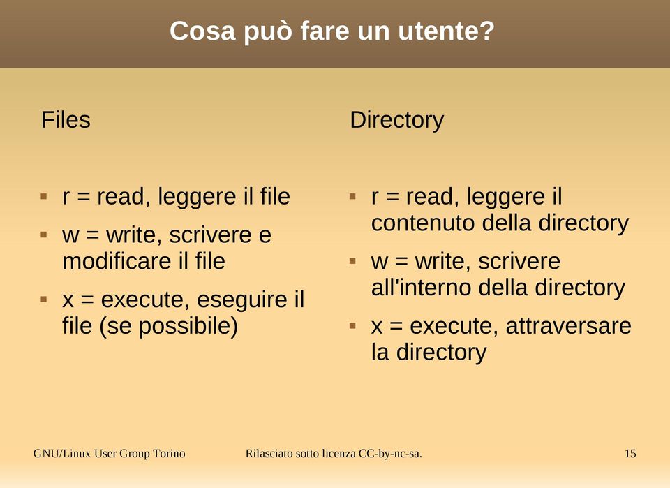 execute, eseguire il file (se possibile) r = read, leggere il contenuto della directory