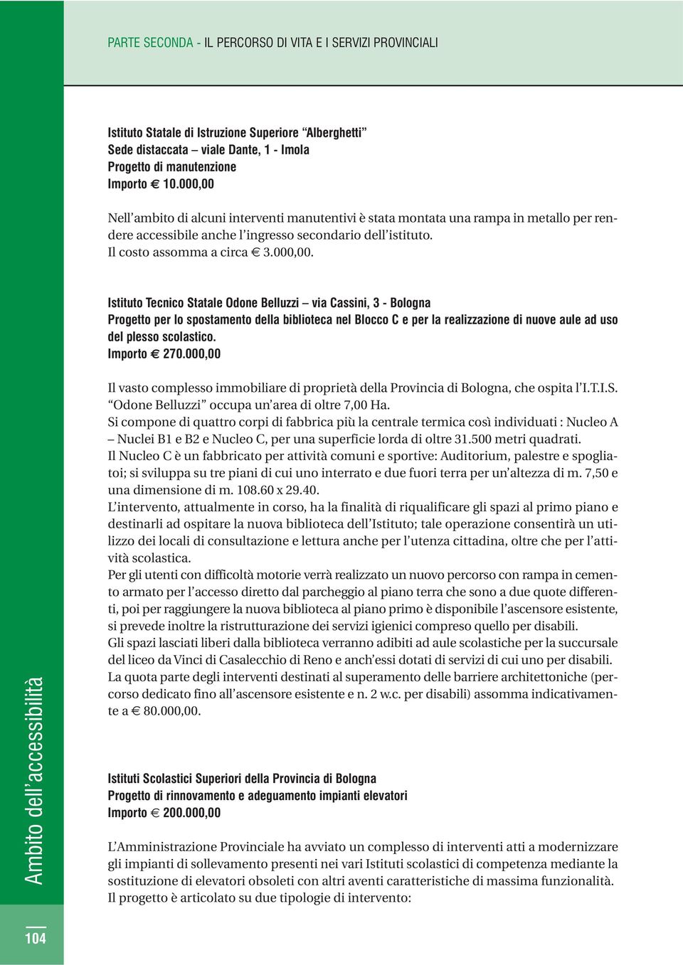 Importo 270.000,00 Il vasto complesso immobiliare di proprietà della Provincia di Bologna, che ospita l I.T.I.S. Odone Belluzzi occupa un area di oltre 7,00 Ha.