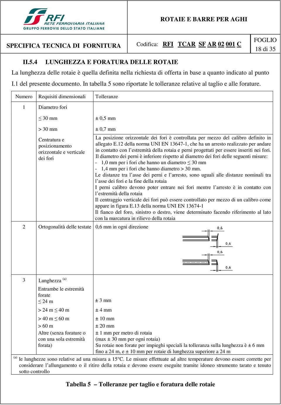 Numero Requisiti dimensionali Tolleranze 1 Diametro fori 30 mm ± 0,5 mm > 30 mm ± 0,7 mm Centratura e posizionamento orizzontale e verticale dei fori 2 Ortogonalità delle testate 0,6 mm in ogni