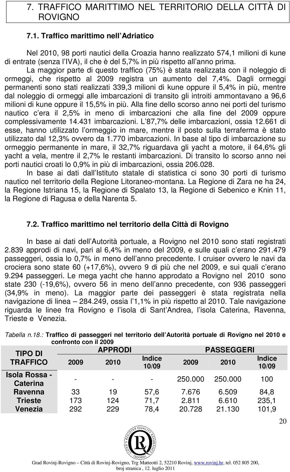 La maggior parte di questo traffico (75%) è stata realizzata con il noleggio di ormeggi, che rispetto al 2009 registra un aumento del 7,4%.