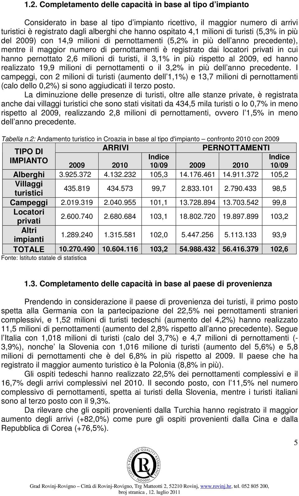 hanno pernottato 2,6 milioni di turisti, il 3,1% in più rispetto al 2009, ed hanno realizzato 19,9 milioni di pernottamenti o il 3,2% in più dell anno precedente.