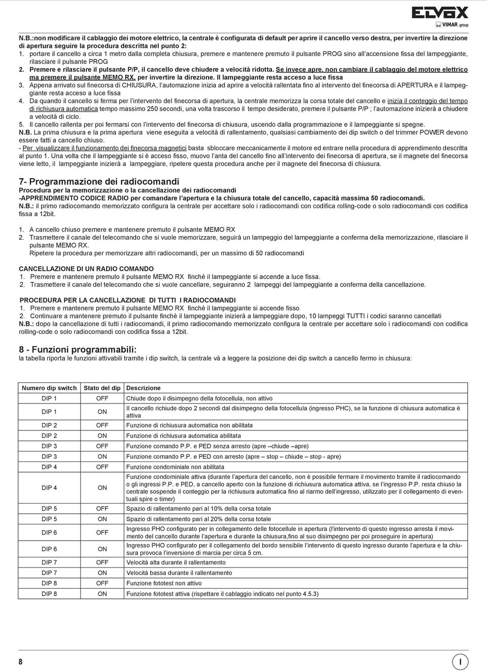 Premere e rilasciare il pulsante P/P, il cancello deve chiudere a velocità ridotta.