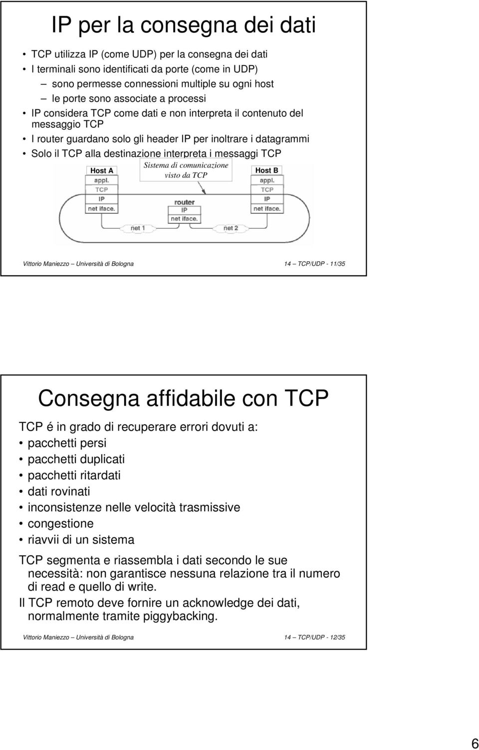 interpreta i messaggi TCP Host A Sistema di comunicazione visto da TCP Host B Vittorio Maniezzo Università di Bologna 14 TCP/UDP - 11/35 Consegna affidabile con TCP TCP é in grado di recuperare