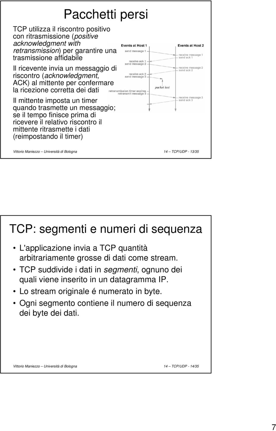 riscontro il mittente ritrasmette i dati (reimpostando il timer) Vittorio Maniezzo Università di Bologna 14 TCP/UDP - 13/35 TCP: segmenti e numeri di sequenza L'applicazione invia a TCP quantità