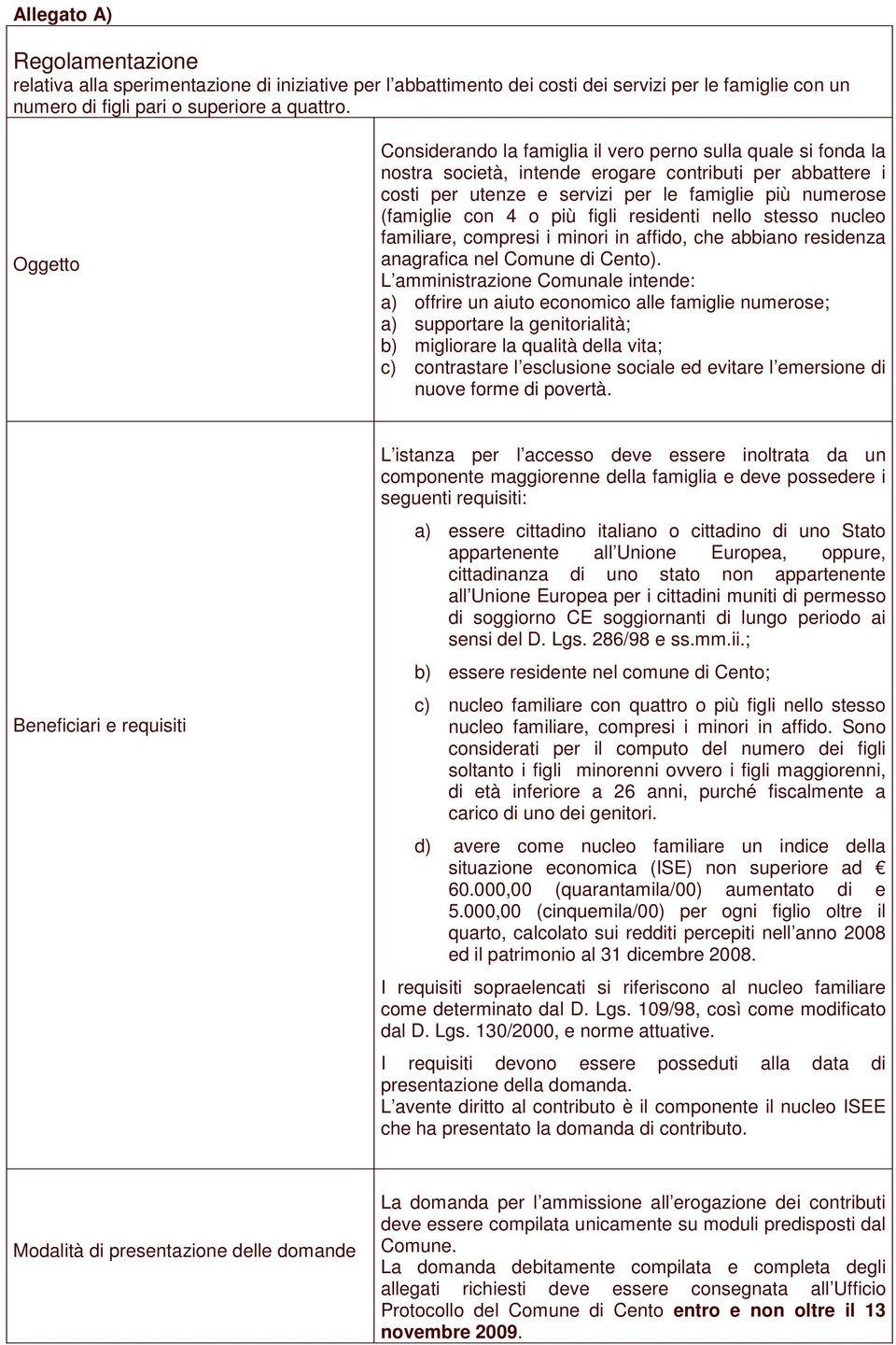 4 o più figli residenti nello stesso nucleo familiare, compresi i minori in affido, che abbiano residenza anagrafica nel Comune di Cento).