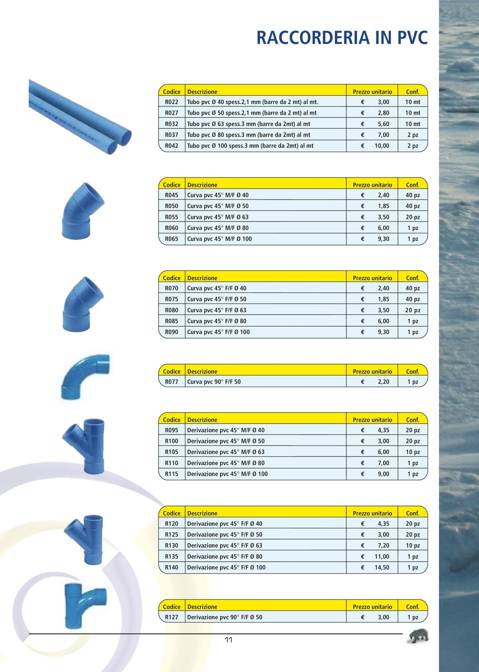 3 mm (barre da mt) al mt 3,00,80 5,60 7,00 0,00 0 mt 0 mt 0 mt pz pz R045 R050 R055 R060 R065 Curva pvc 45 M/F Ø 40 Curva pvc 45 M/F Ø 50 Curva pvc 45 M/F Ø 63 Curva pvc 45 M/F Ø 80 Curva pvc 45 M/F