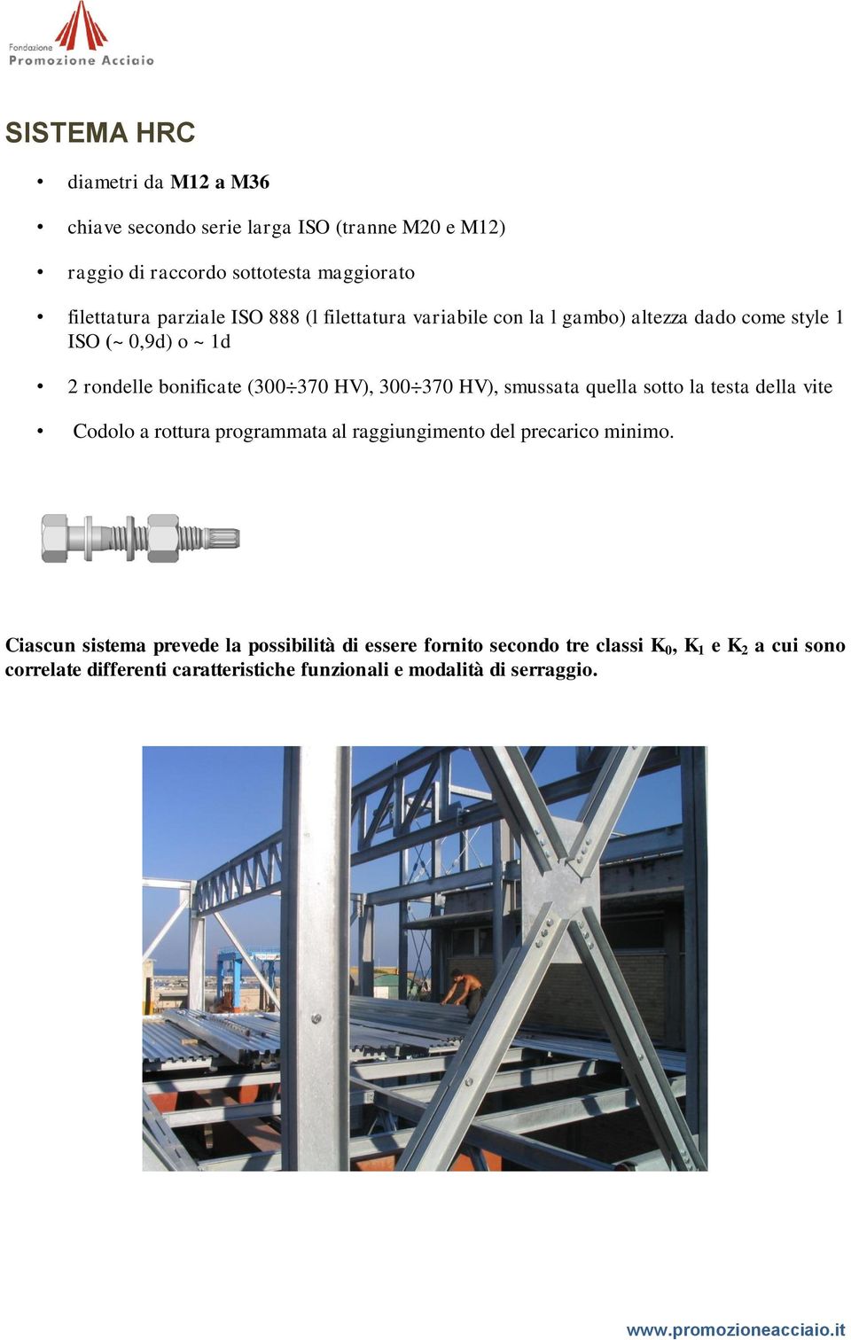 370 HV), smussata quella sotto la testa della vite Codolo a rottura programmata al raggiungimento del precarico minimo.