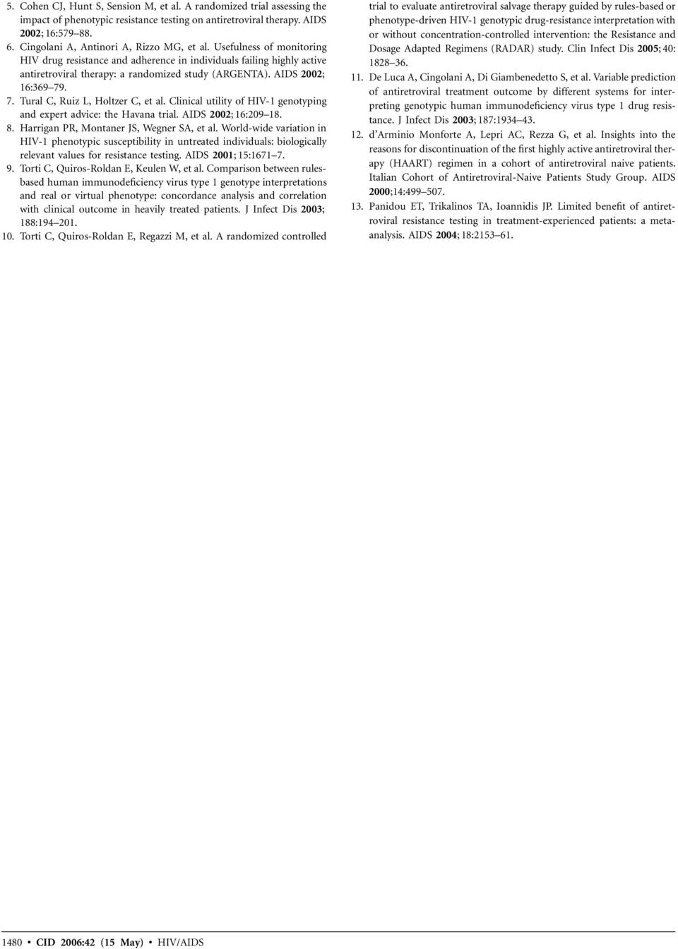 AIDS 2002; 16:369 79. 7. Tural C, Ruiz L, Holtzer C, et al. Clinical utility of HIV-1 genotyping and expert advice: the Havana trial. AIDS 2002; 16:209 18. 8.