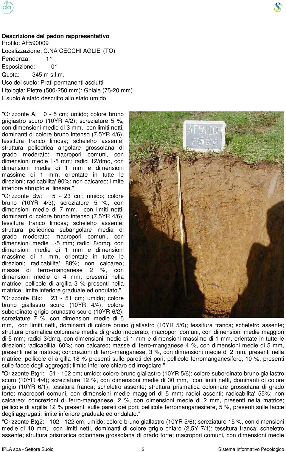 Uso del suolo: Prati permanenti asciutti Litologia: Pietre (500-250 mm); Ghiaie (75-20 mm) Il suolo è stato descritto allo stato umido "Orizzonte A: 0-5 cm; umido; colore bruno grigiastro scuro (10YR