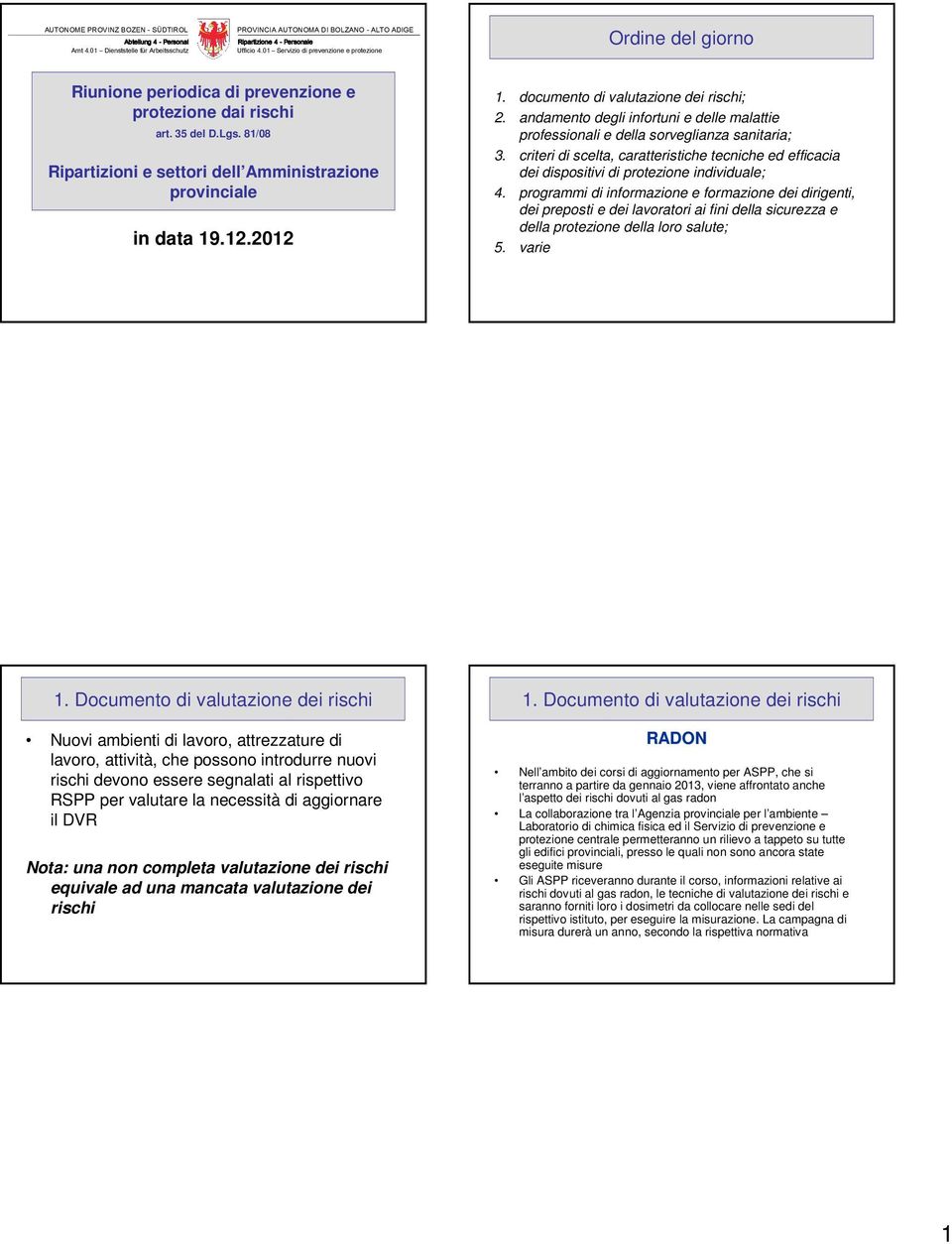 81/08 Ripartizioni e settori dell Amministrazione provinciale in data 19.12.2012 1. documento di valutazione dei rischi; 2.