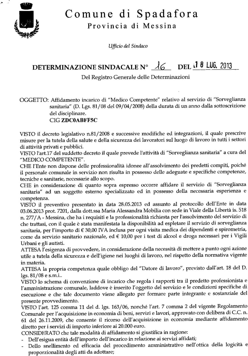 CIG ZDCOABFFSC VISTO il decreto legislativo n.