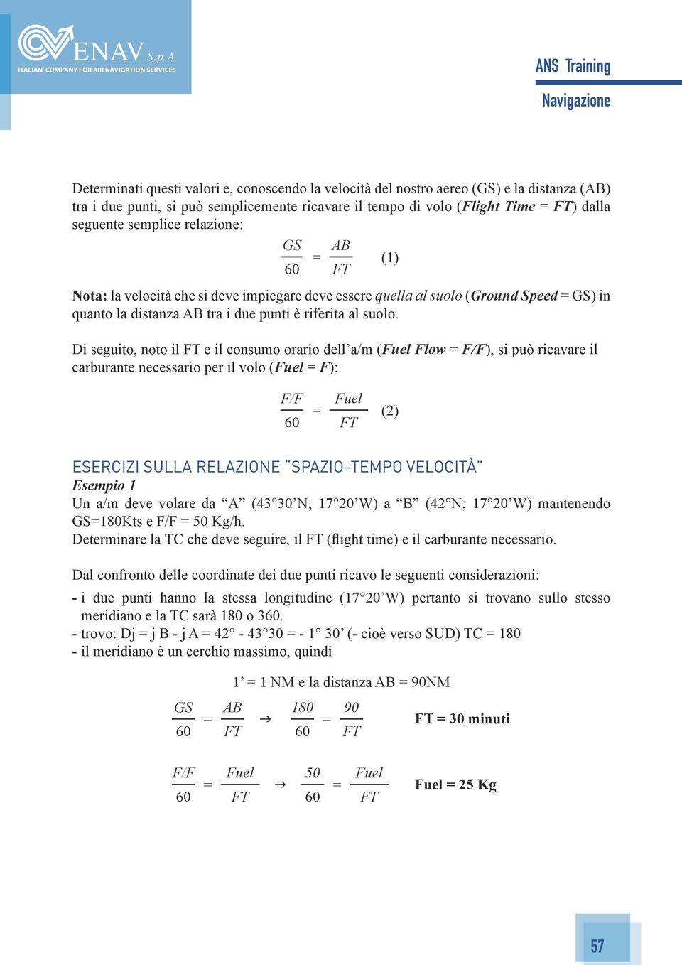 Di seguito, noto il FT e il consumo orario dell a/m (Fuel Flow = F/F), si può ricavare il carburante necessario per il volo (Fuel = F): F/F 60 = Fuel FT (2) ESERCIZI SULLA RELAZIONE SPAZIO-TEMPO