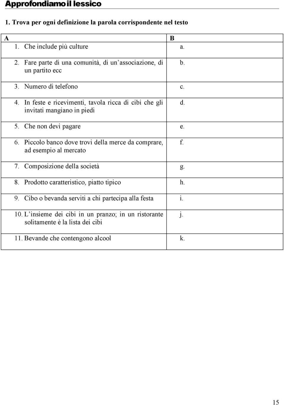 In feste e ricevimenti, tavola ricca di cibi che gli invitati mangiano in piedi d. 5. Che non devi pagare e. 6.