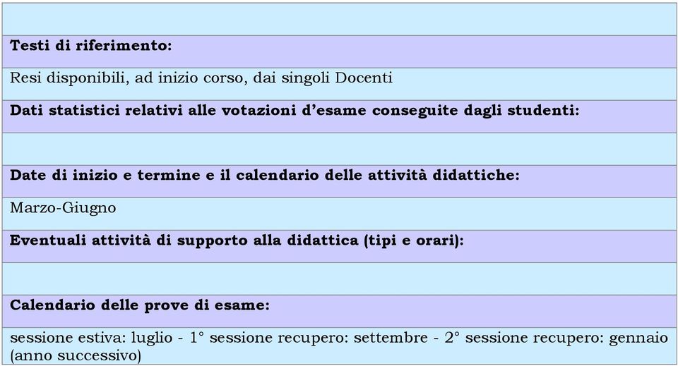 Eventuali attività di supporto alla didattica (tipi e orari): Calendario delle prove di esame: