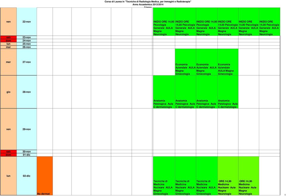 INIZIO ORE 14,00 Psicologia Generale AULA 27-nov Economia Aziendale AULA Economia Aziendale AULA Economia Aziendale AULA 28-nov C dermatologia C dermatologia C